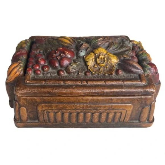 Vintage Cigarette Box, Colorful Syroco Box, Playing Cards Storage 1940s, Fruit