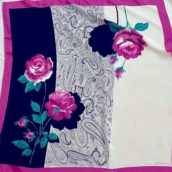 Anna Marchetti Silk Floral Scarf Black Cream Purple