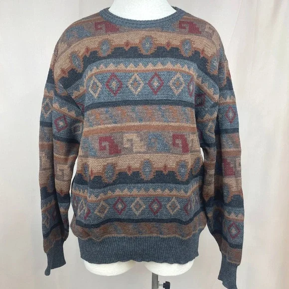 VTG 90s Mens (XL) ROBERT‎ BANKS Merino Wool Knit Sweater Ski Grandpa Aztec Brown
