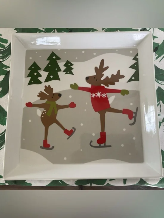 Vintage Crate&Barrel Joan Anderson Skating Reindeer Square Xmas Platter/Tray
