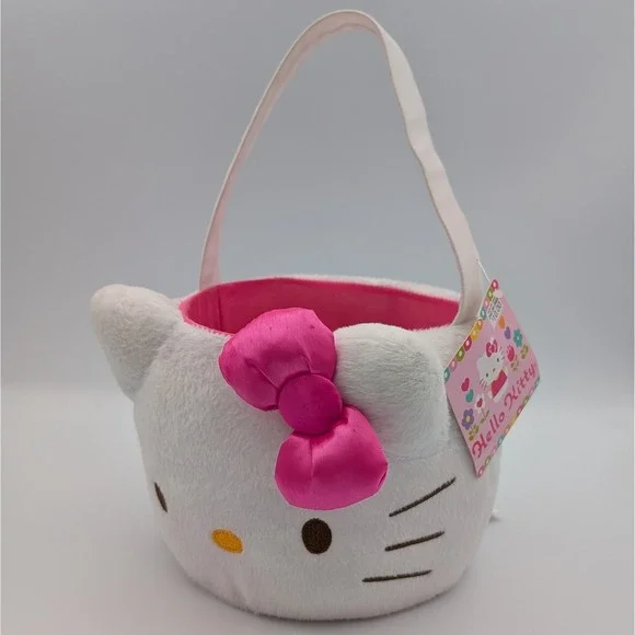 Sanrio Hello Kitty Plush Easter Basket Pink Bow White Faux Fur Character Bucket