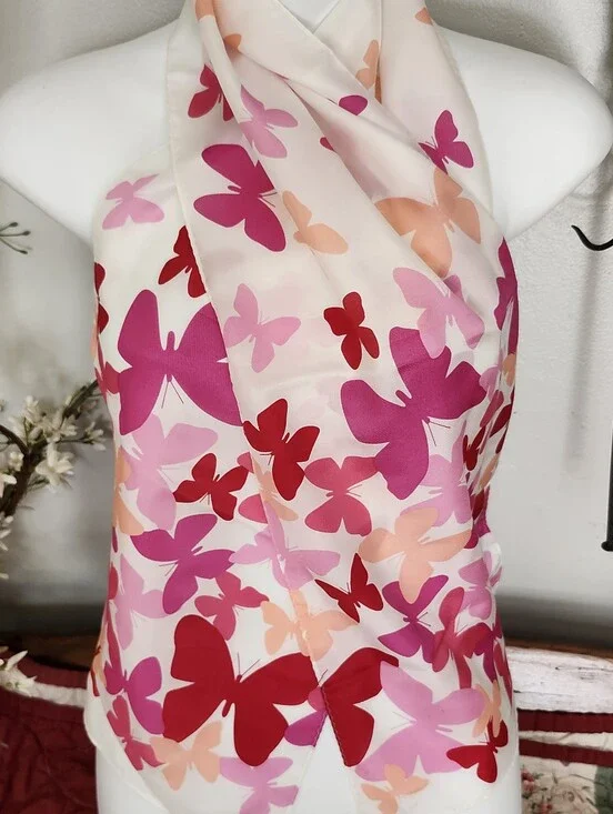 VTG ECHO Butterfly Print Silk Scarf In Pink & Peach