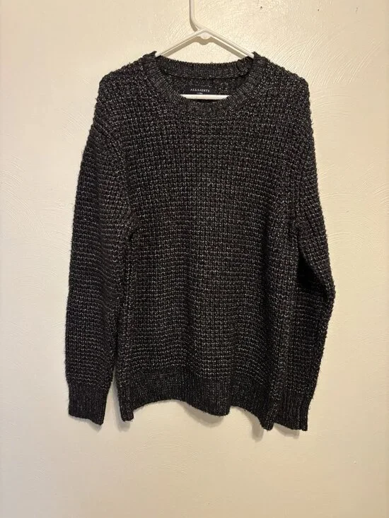 AllSaints Mens Large Knit Sweater In Black & Gray Chunky Cotton Blend