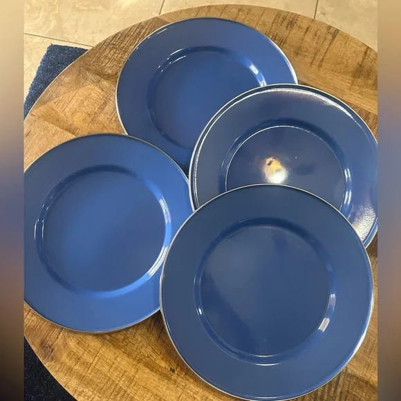 Crate & Barrel Blue Enamelware Silver Metal Trim10.5