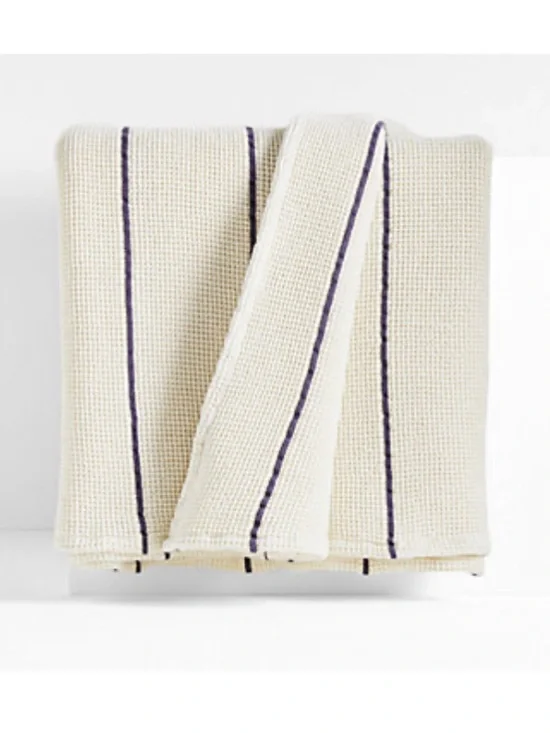 New! Crate&Barrel Organic Cotton Indigo Striped Waffle OVERSIZED Throw Blanket