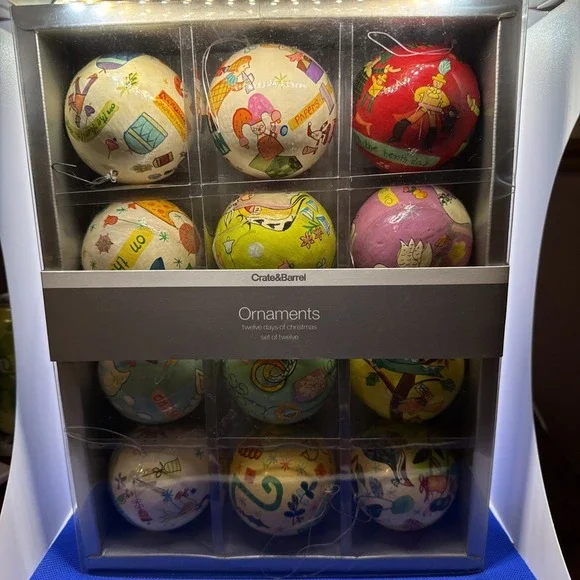 CRATE & BARREL Twelve Days of Christmas Ornament Box Set Paper Mache Folk Art