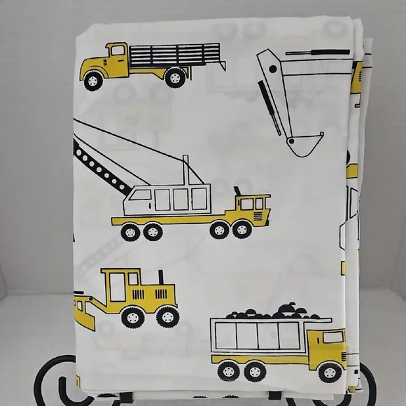 Crate&Barrel Yellow Black Construction Trucks Themed Organic Cotton Twin Flat