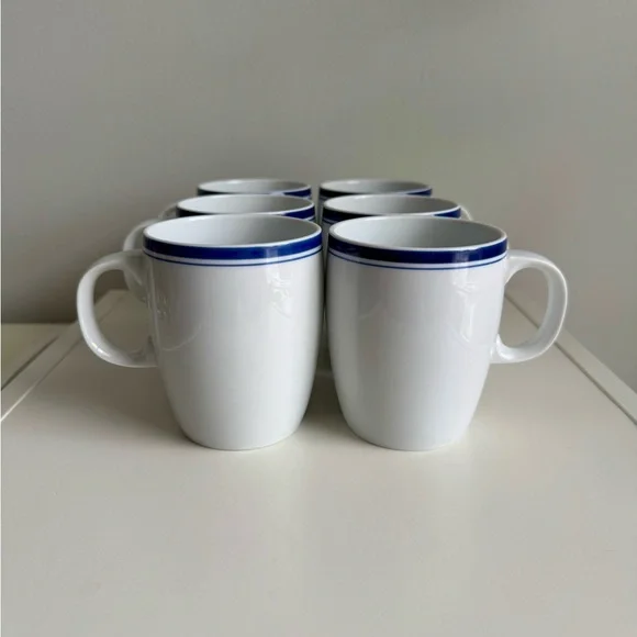6 Brasserie by Crate & Barrel Porcelain Mugs White, Dark Blue Band, Pinstripe