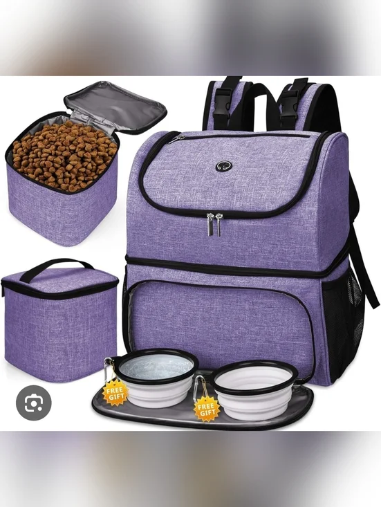 Purple Insulated Pet Travel Backpack and Bowl Set