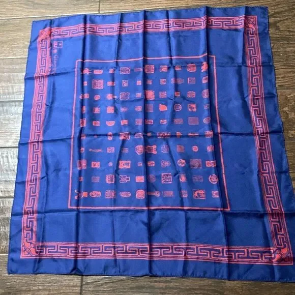 RLJ Qing Yue Blue and Red Silk Scarf Vintage