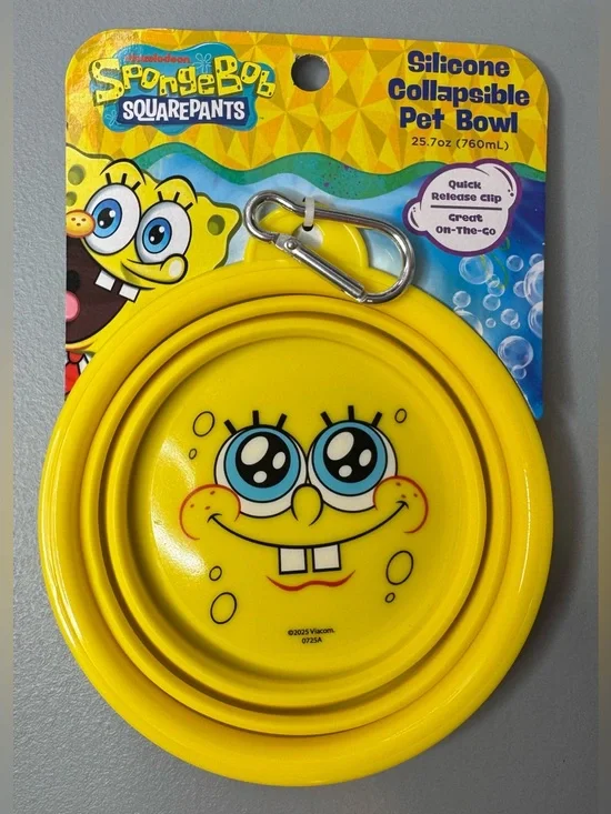 SpongeBob SquarePants Yellow Silicone Collapsible Pet Bowl with carabiner travel
