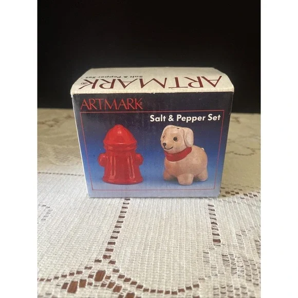 Vintage 90's Artmark Dog And Fire Hydrant Salt And Pepper Shaker NIB