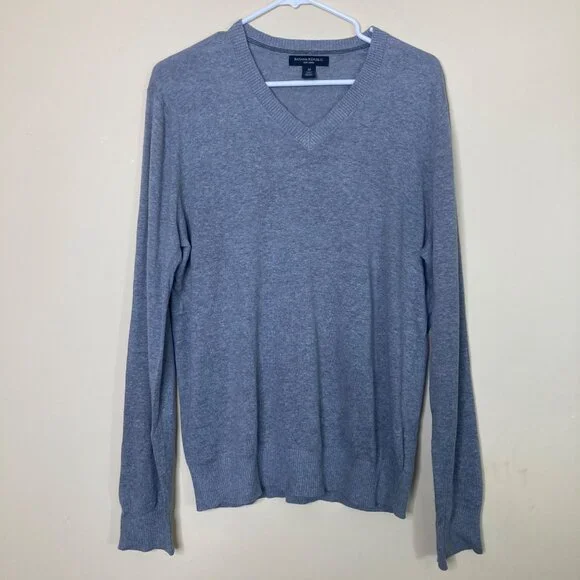 Banana Republic Sweater Mens Medium Silk Linen Gray Long Sleeve V-Neck Preppy