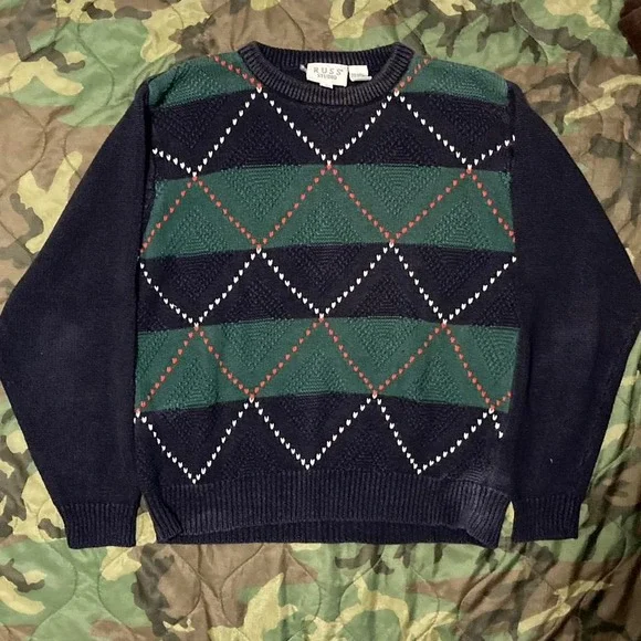 Vintage Russ studio striped golf sweater ramie cotton blend 90s‎ mens M/21