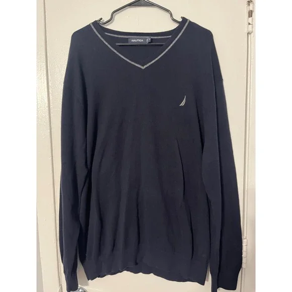 Nautica Mens XL Navy Blue V-Neck Cotton Pullover Sweater Tipped Neck Logo