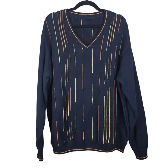 Sweater Mens Large Black Orange Yellow 3D Knit Long Sleeve Pullover Cosby VNeck