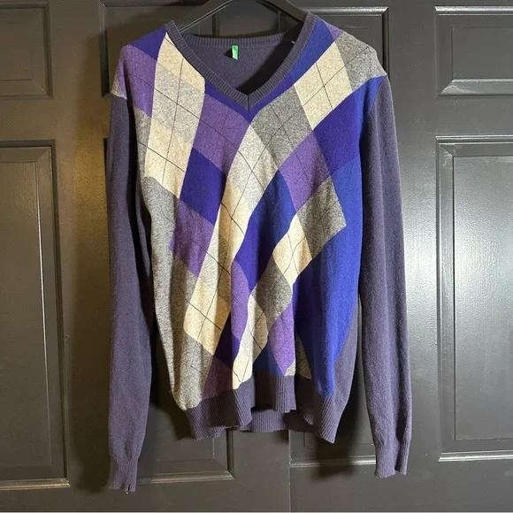 Benetton XL Wool blended Argyle Long Sleeve V-Neck Pullover Sweater (H)