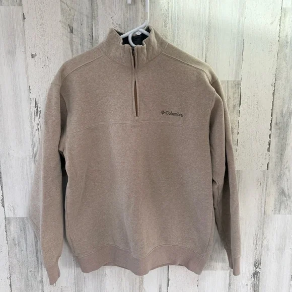Columbia Men’s Size Large 1/4 Zip Sweater In Tan Ribbed Cuffs & Bottom Hem