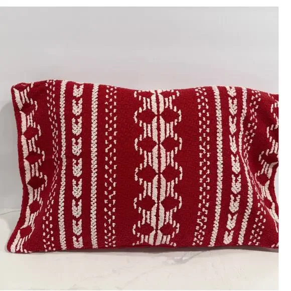 Crate & Barrel Noelle Red Knit Lumbar Pillow Cover 21x14 Hearts Scandi Winter
