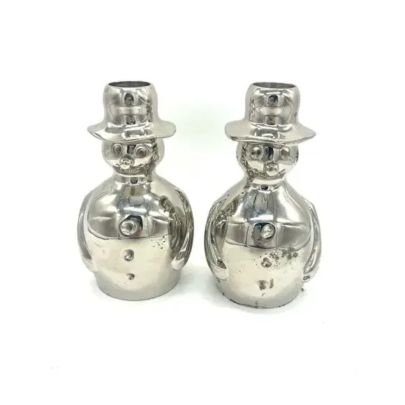 Crate & Barrel Set Silver Snowman Candle Taper Holders Heavy Winter Holiday 2