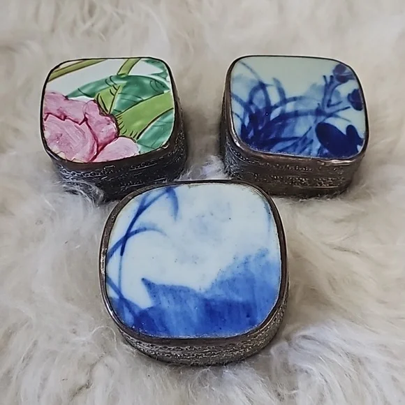 Set of 3 vintage small trinket boxes metal silver plated with porcelain lid