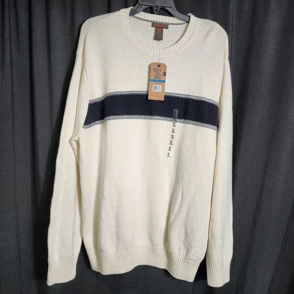 Dockers Mens XL Cream Cotton Crewneck Sweater Navy Blue Chest Stripe NWT