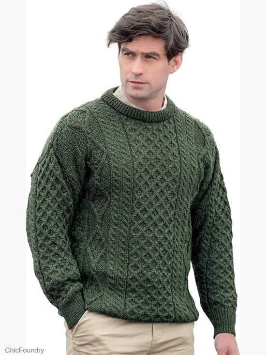 Unisex Irish Cable Knit Crew Neck Sweater, 100% Merino Wool, Regular Fit, Super