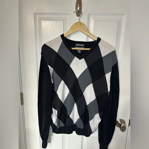 Lyle & Scott Argyle V Neck Sweater Mens Size Medium Cotton Preppy Ivy Academia