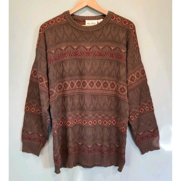 Vtg Mens New River Crewneck Sweater Army Green Burgundy Geometric L