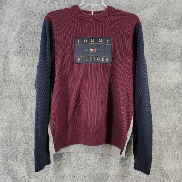 Tommy Hilfiger‎ Sweater Men XL Colorblock Mixed Texture Chest Patch Logo Preppy