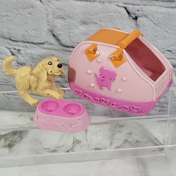 Barbie Pet Dog With Carrier and Food Bowl in‎ Pink Lot