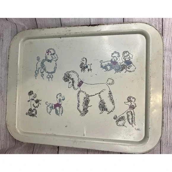 Mid Century Poodle Tray By Sybil TV White Blue Pink Kitschy