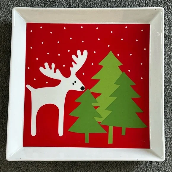 Crate & Barrel Reindeer Platter 12” Square Christmas Tree Serving Tray Plate