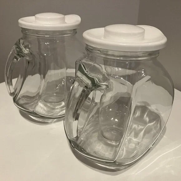 2 Crate & Barrel Iced Tea/Lemonade Glass Pitcher with Ice Insert and White Lid
