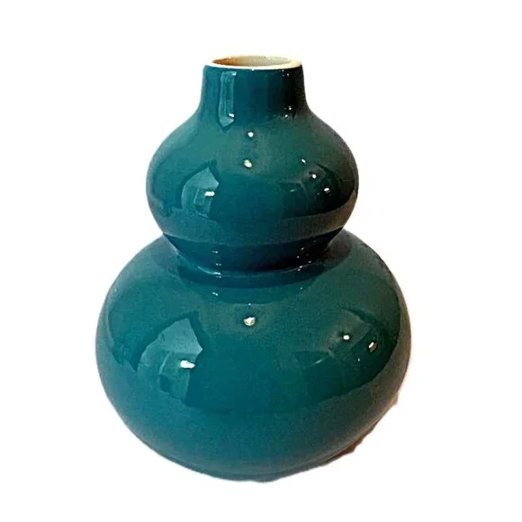 Crate & Barrel Yoko Double Gourd Ceramic Teal Bud Vase - decorative retro look