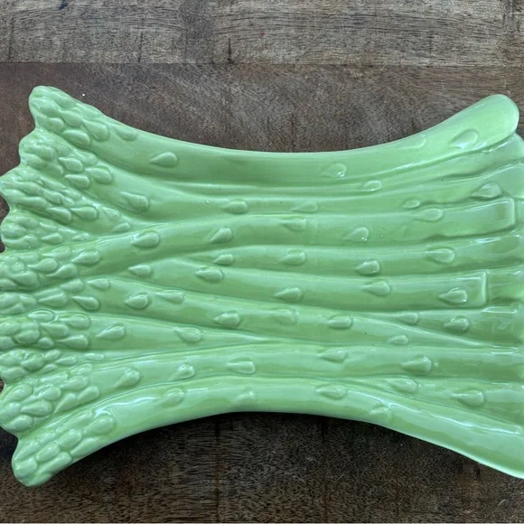 Vintage small majolica Crate&Barrel Green Asparagus Platter tray 11” by 8”
