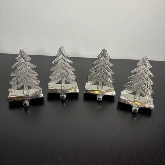 CRATE & BARREL Lot 4 Silver Tone Metal Christmas Tree Stocking Hangers/Holders