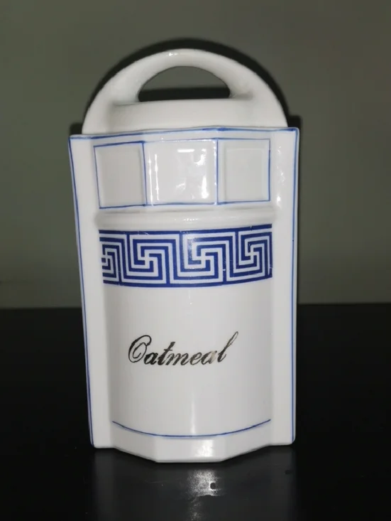 White Ceramic Oatmeal Canister with Blue Greek Key Trim Made in Germany