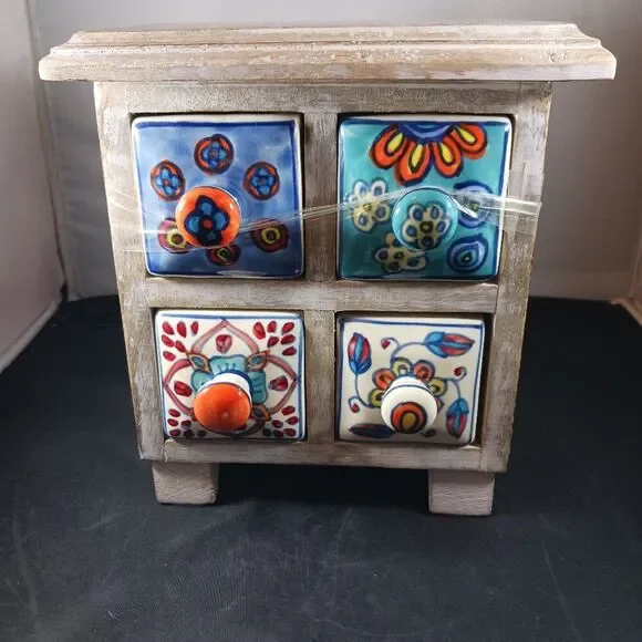 Mini Wooden Chest With Hand Painted Ceramic 4 Drawers