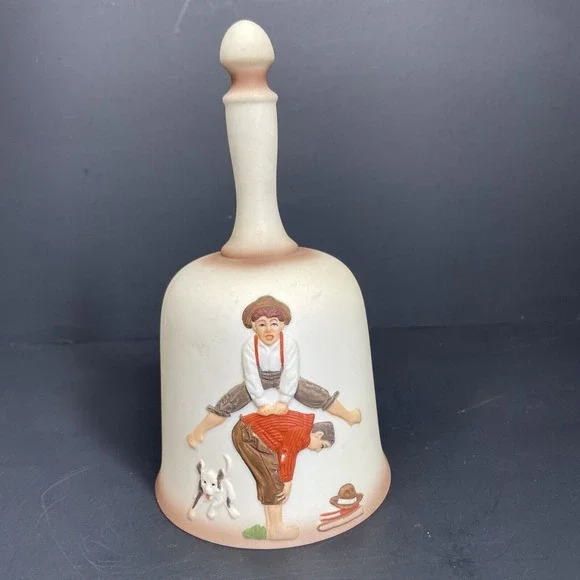 1980 Norman Rockwell Porcelain Hand Bell Dave Grossman‎ Design Boys Leapfrog Dog