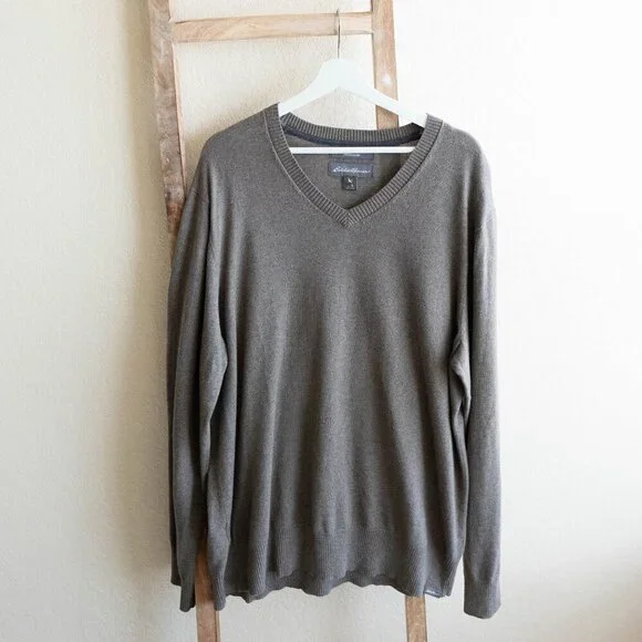 Eddie Bauer Sweater Men’s Size XL Gray Taupe Merino Wool Knit Cotton LS VNeck