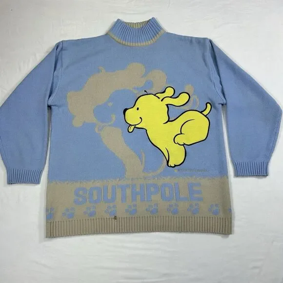 Vintage SouthPole Sweater Mens XL Booby Dog Graphic Hip Hop Knit Pullover Blue