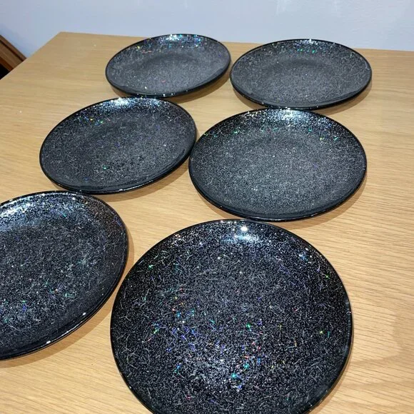 Crate&Barrel Glitter Appetizer Black 6 inch Dessert Plates, Set of 6, BRAND NEW