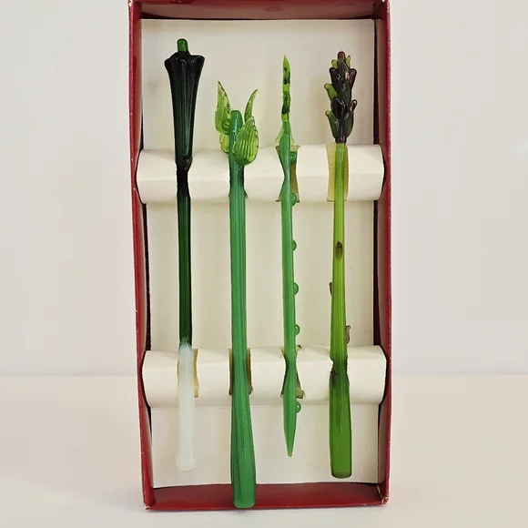VTG Crate & Barrel Bloody Mary Glass Swizzle Sticks Vegetables Hand Crafted Bar