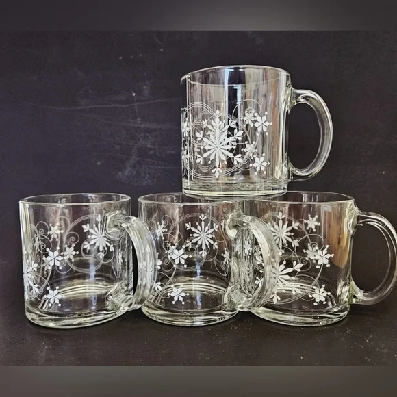 Crate & Barrel Clear Glass White Snowflake Winter Christmas Coffee Mugs USA set