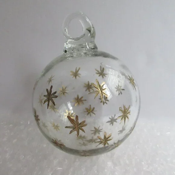 Crate & Barrel Gold Etched Star Ball Hand-Blown Art Glass Christmas Ornament 3