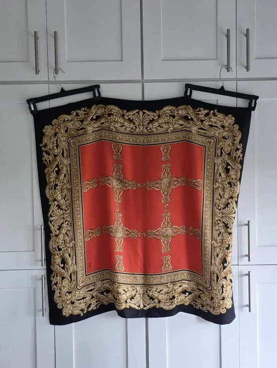 100% Silk Scarf 35x35 Gorgeous Black Orange Ornate Baroque Scarf