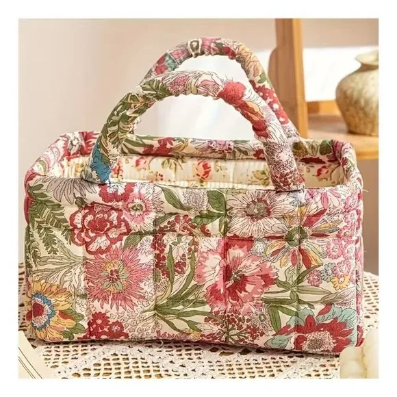 NWT Vintage Floral Quilted Storage Basket Fabric Organizer Bin with Handles