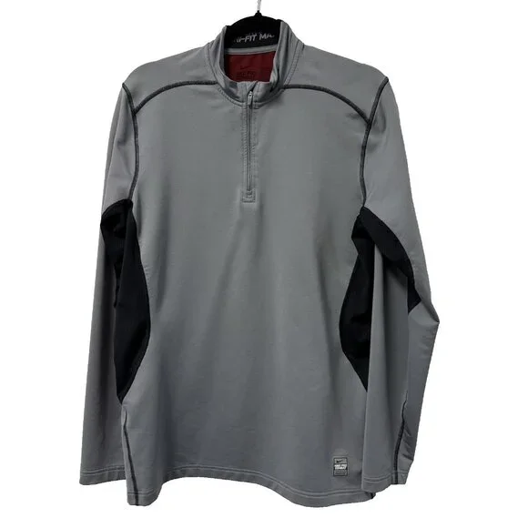 NIKE PRO COMBAT PULLOVER HYPERWARM DRI FIT MAX 1/4 ZIP MENS L GRAY BLACK FITTED