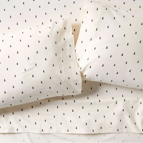 New! Crate&Barrel Cozysoft Organic Flannel Spruce Green Trees Bed Sheet Set KING